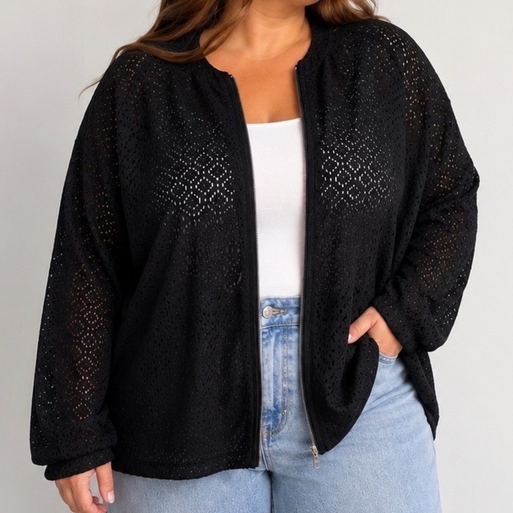 Allison Daley Jacket Women's 18 Black Eyelet Lace Zip Front Sheer Lightweight